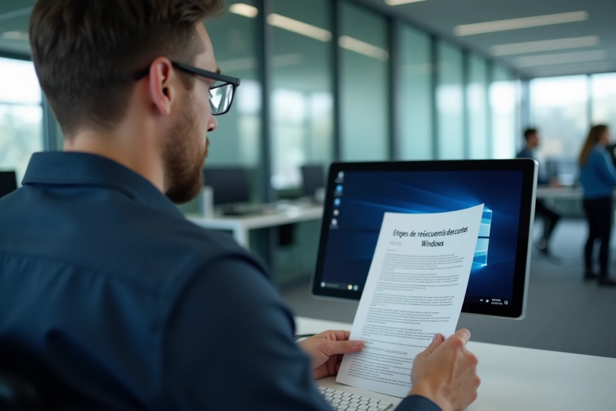 Homme en bureau professionnel consultant un document de récupération après suppression de compte Windows