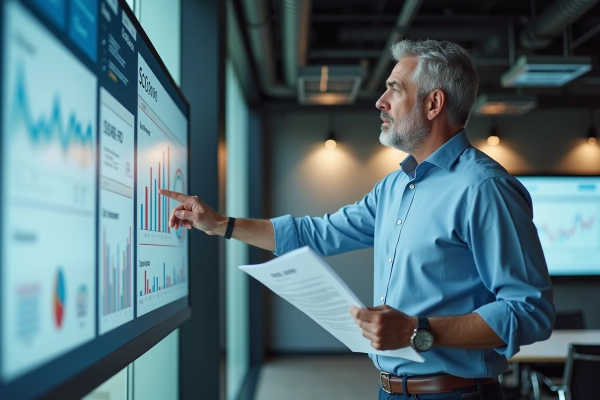 Homme en réunion pointant un tableau de bord digital