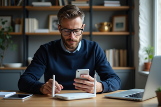 Homme regardant un routeur WiFi dans un bureau moderne