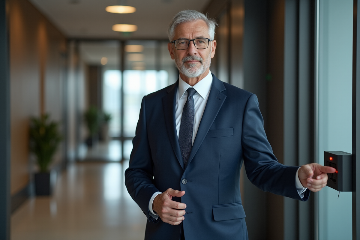 Homme d affaires utilisant un scanner biométrique à l entrée