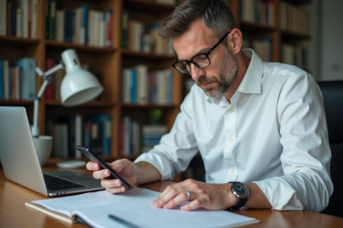 Homme d age utilisant smartphone pour scanner notes
