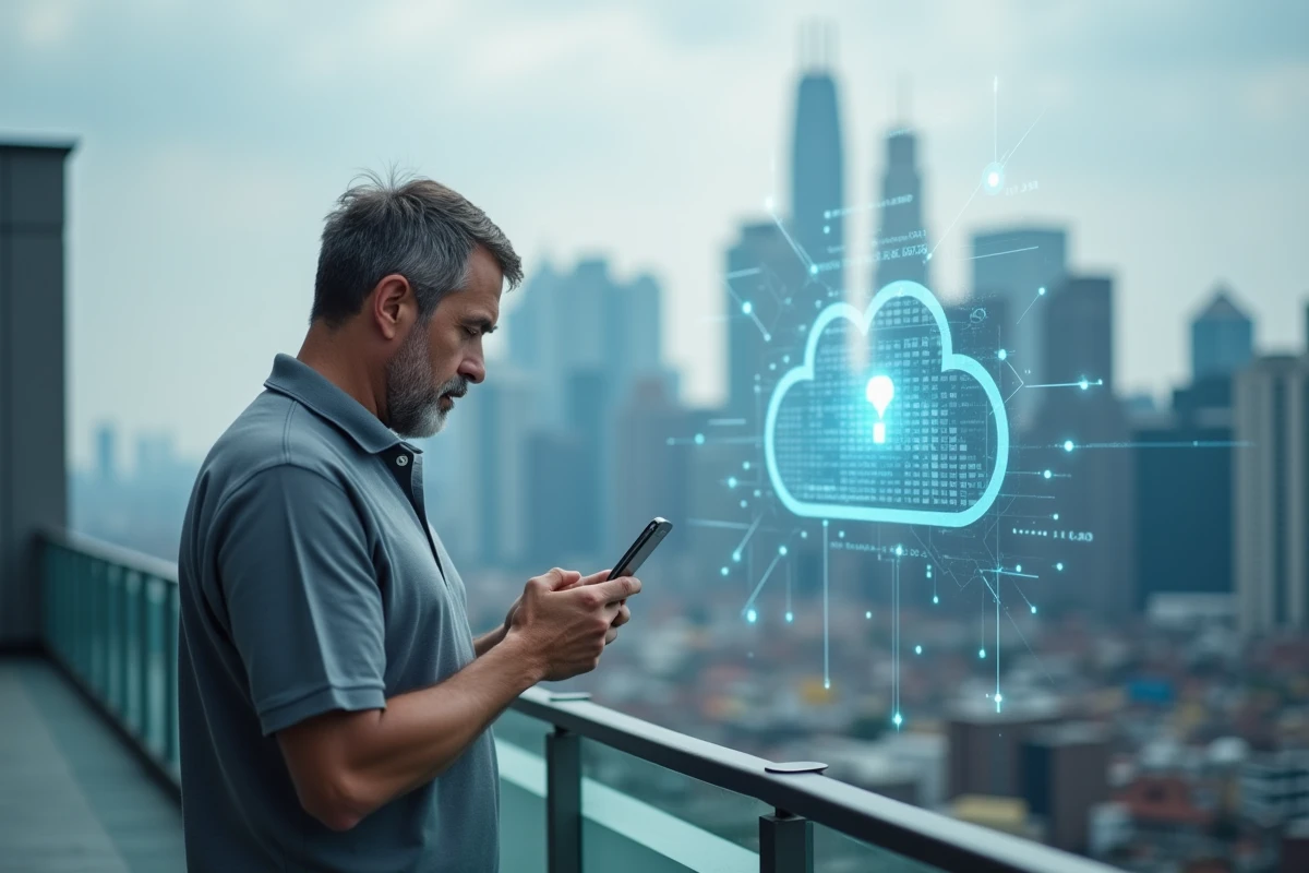 Homme regardant son smartphone avec alerte de sécurité dans un paysage urbain