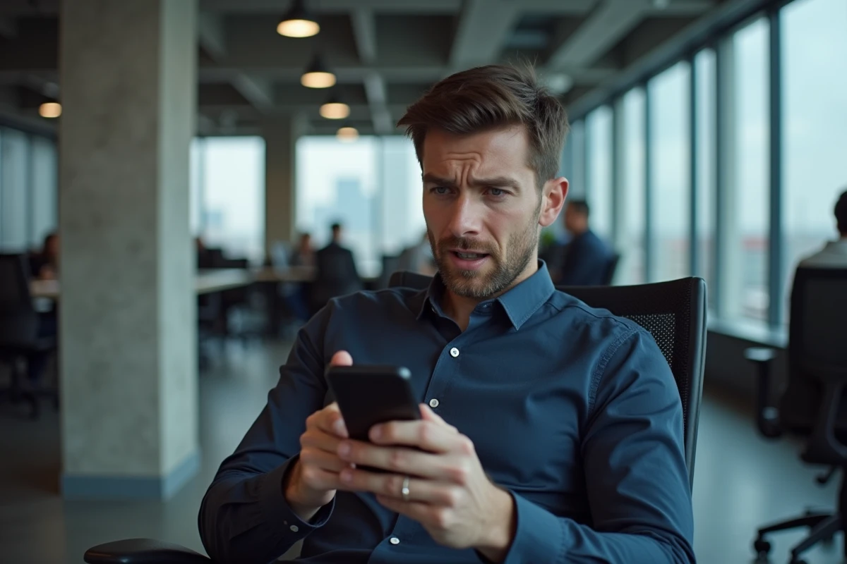 Homme regardant son smartphone avec une boîte mail surchargée d'emails non désirés au bureau