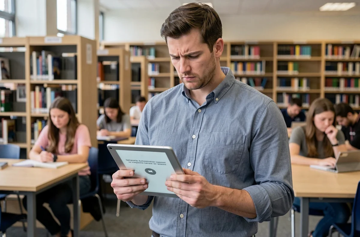 Homme tenant une tablette affichant une erreur d'authentification sur le réseau Convergence AC Grenoble dans une bibliothèque universitaire