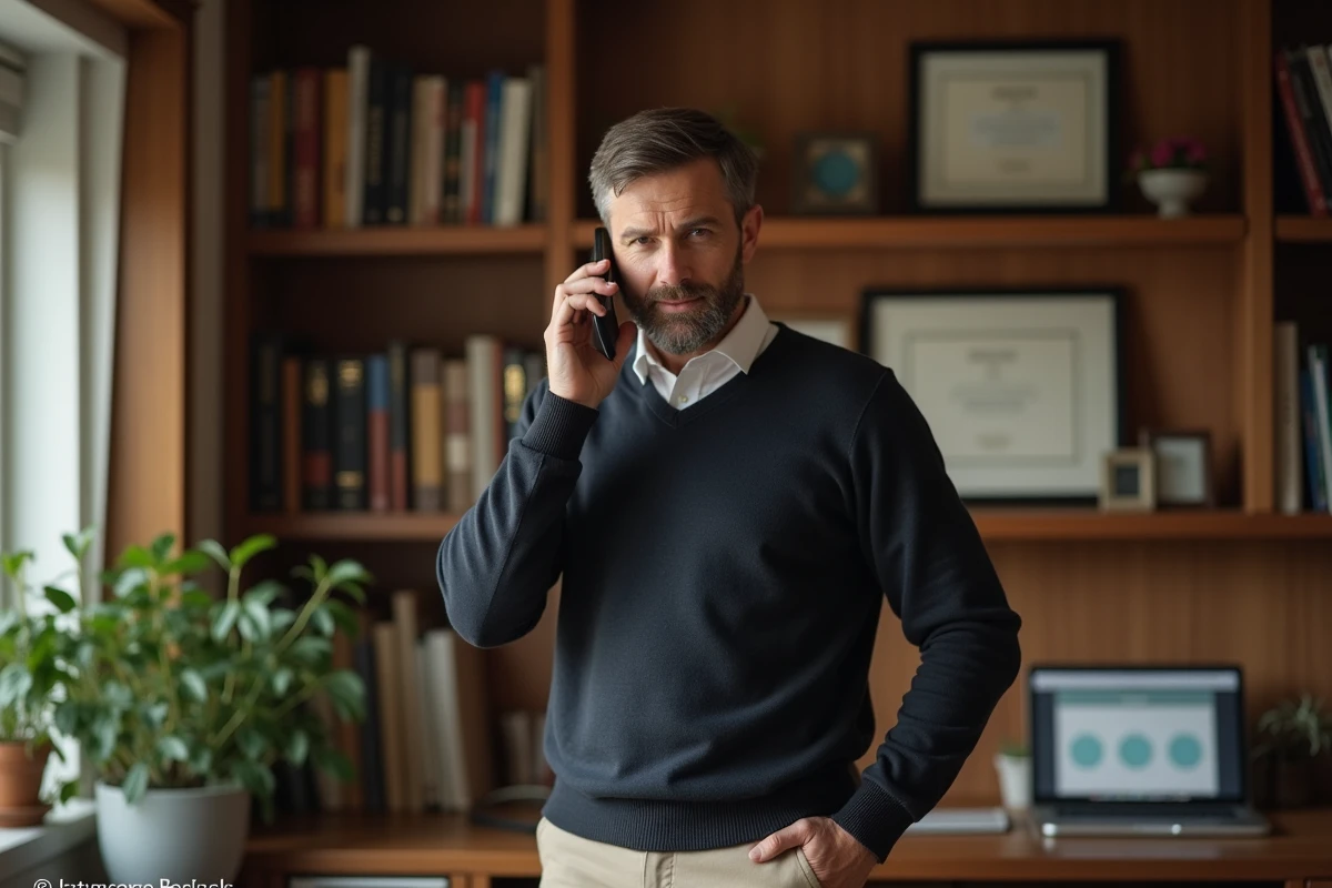 Homme en tenue professionnelle passant un appel dans un bureau &agrave; domicile