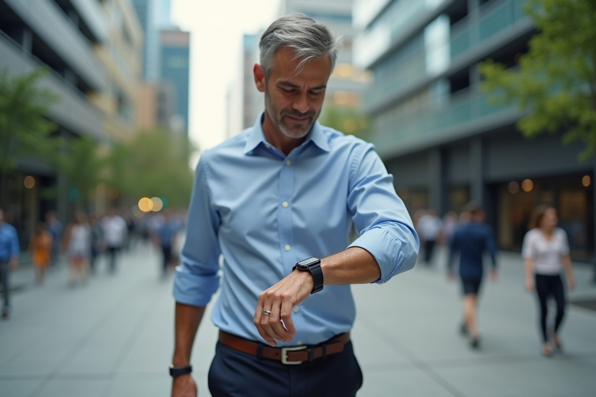 Homme d affaires vérifiant l heure dans une place urbaine