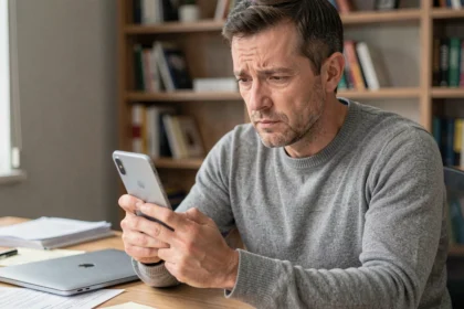 Homme tenant un Huawei P10 Lite avec une expression préoccupée, symbolisant les questions de sécurité mobile en 2026