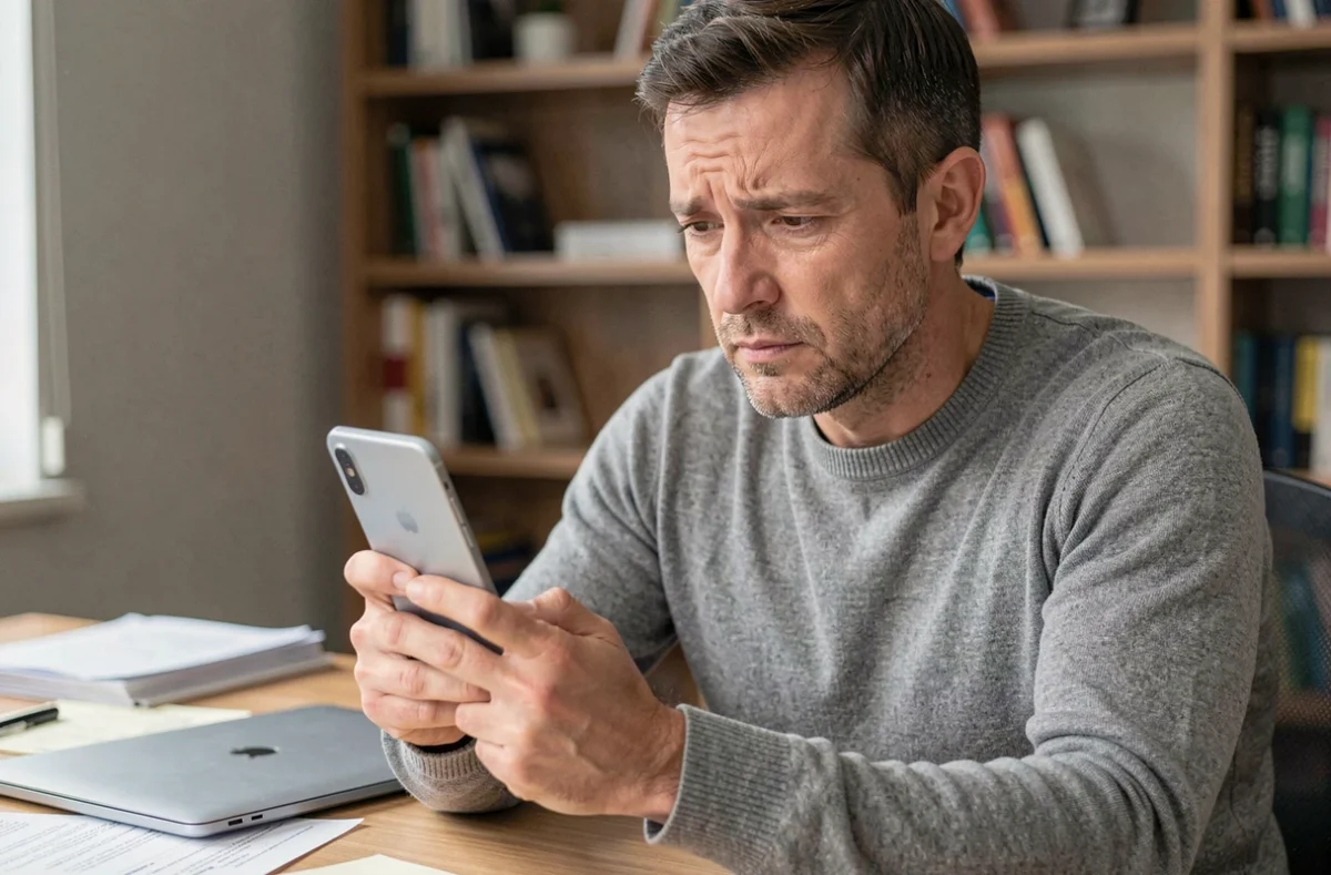 Homme tenant un Huawei P10 Lite avec une expression préoccupée, symbolisant les questions de sécurité mobile en 2026