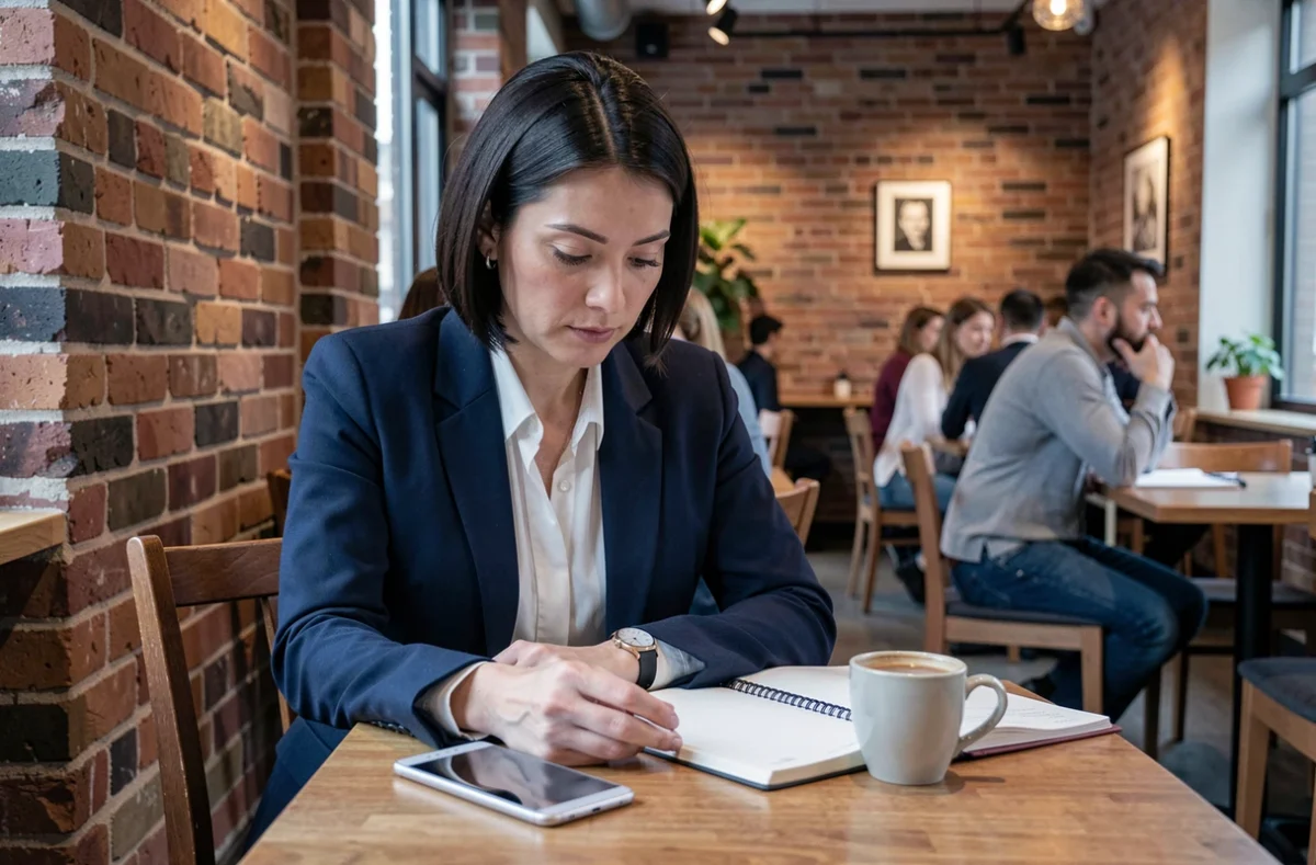 Femme analysant un Huawei P10 Lite posé sur une table de café, illustrant la vérification de la sécurité d'un smartphone ancien