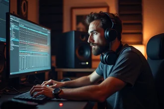 Ingénieur du son gérant des scènes et presets sur un logiciel Virtual StudioLive dans un studio d'enregistrement professionnel