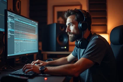 Ingénieur du son gérant des scènes et presets sur un logiciel Virtual StudioLive dans un studio d'enregistrement professionnel