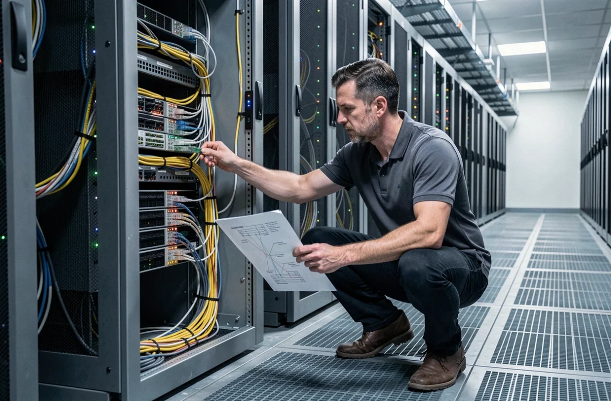 Ingénieur réseau d'Inops câblant un rack serveur dans une salle de datacenter professionnelle