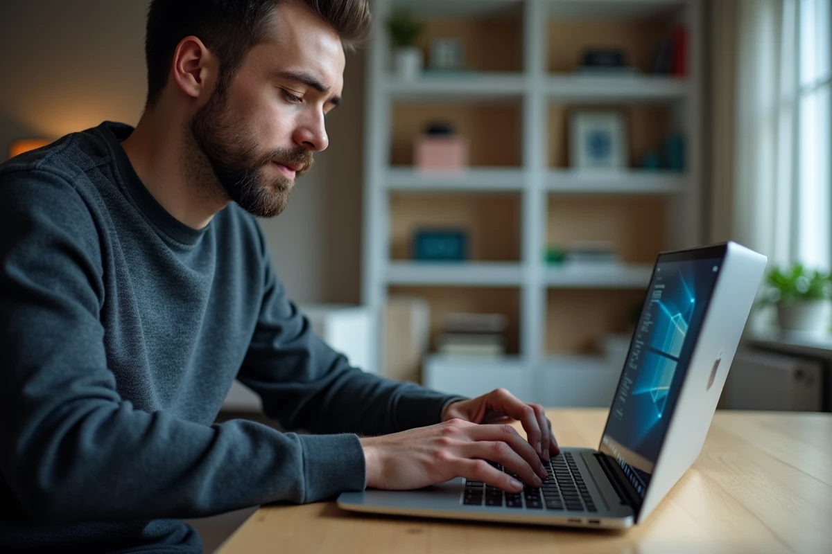 Homme modifiant les paramètres de disposition du clavier sur un ordinateur portable dans un bureau à domicile moderne