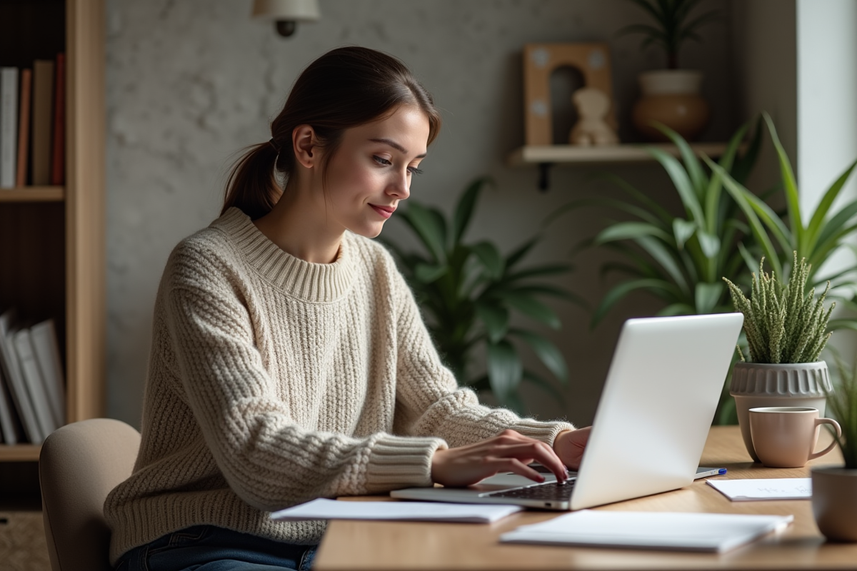 Jeune femme concentrée sur son ordinateur dans un bureau cosy
