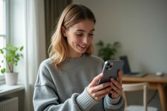 Jeune femme découvrant un iPhone 12 Pro reconditionné dans un appartement moderne