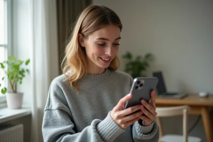 Jeune femme découvrant un iPhone 12 Pro reconditionné dans un appartement moderne