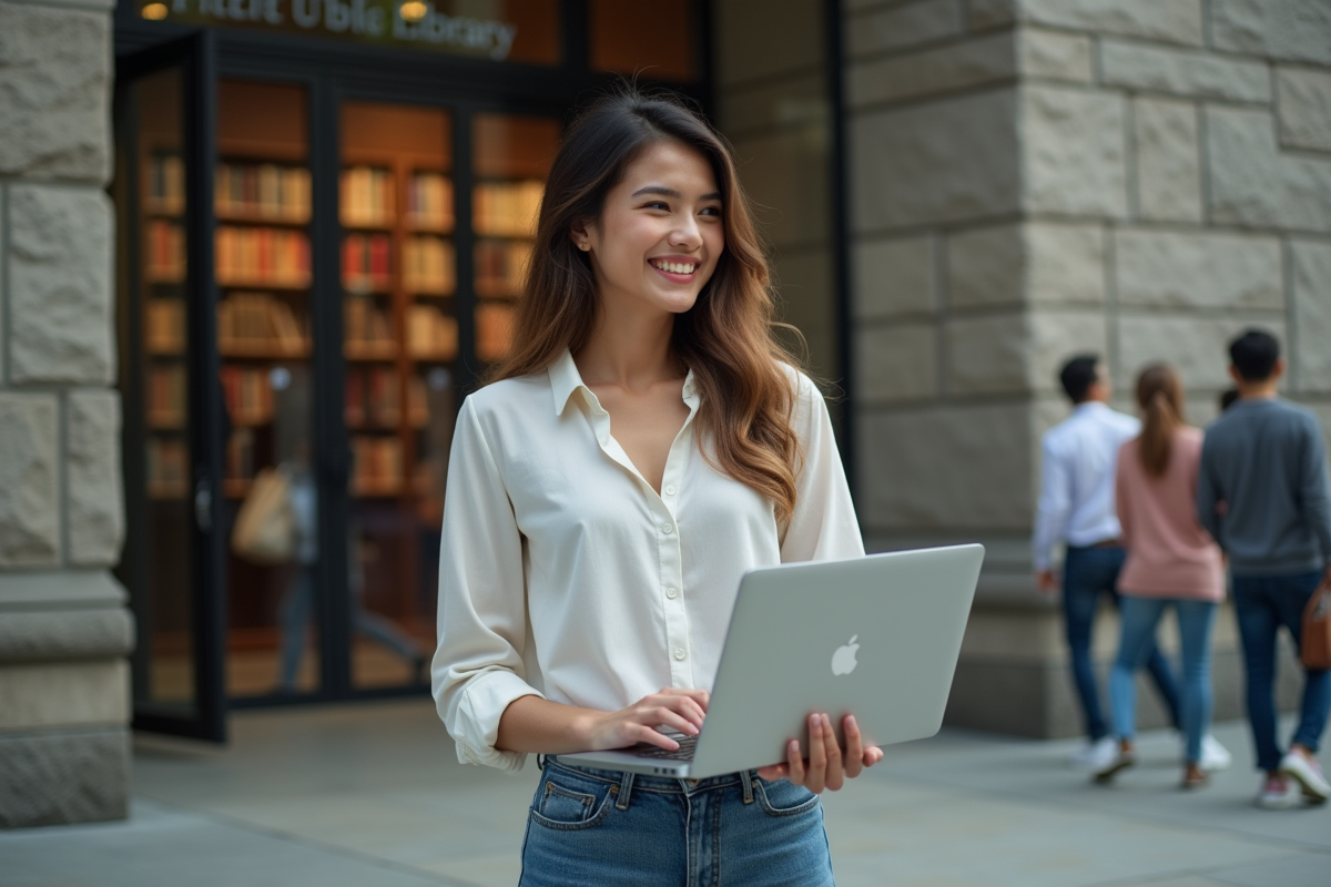 Jeune femme avec ordinateur vintage devant bibliothèque moderne