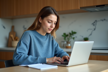 Jeune femme en sweater bleu transcrivant notes sur ordinateur
