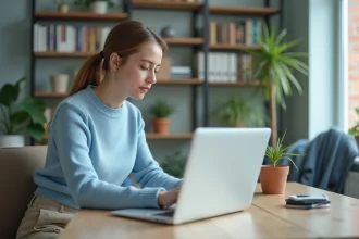 Jeune femme concentrée utilisant son ordinateur portable au bureau