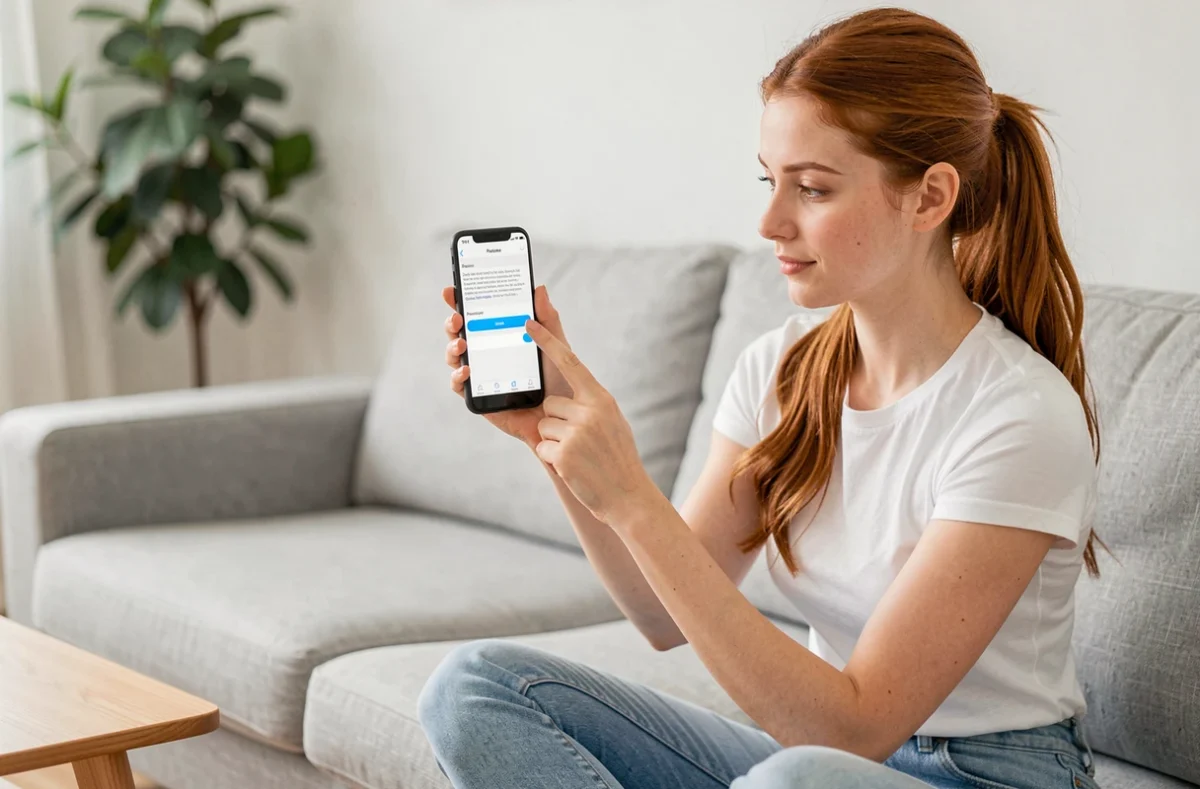 Jeune femme accédant au presse-papier Android sur son téléphone depuis son salon