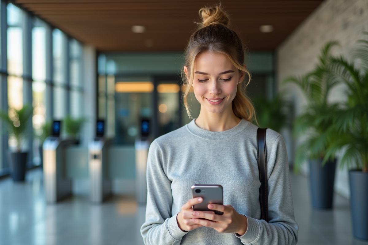Jeune femme utilisant la reconnaissance faciale avec son smartphone à l