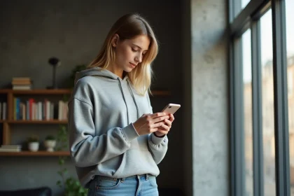 Jeune femme en hoodie examine son smartphone dans un appartement