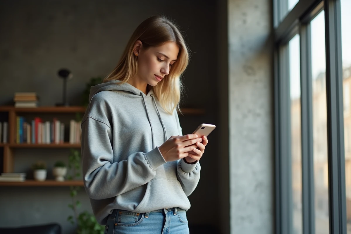 Jeune femme en hoodie examine son smartphone dans un appartement