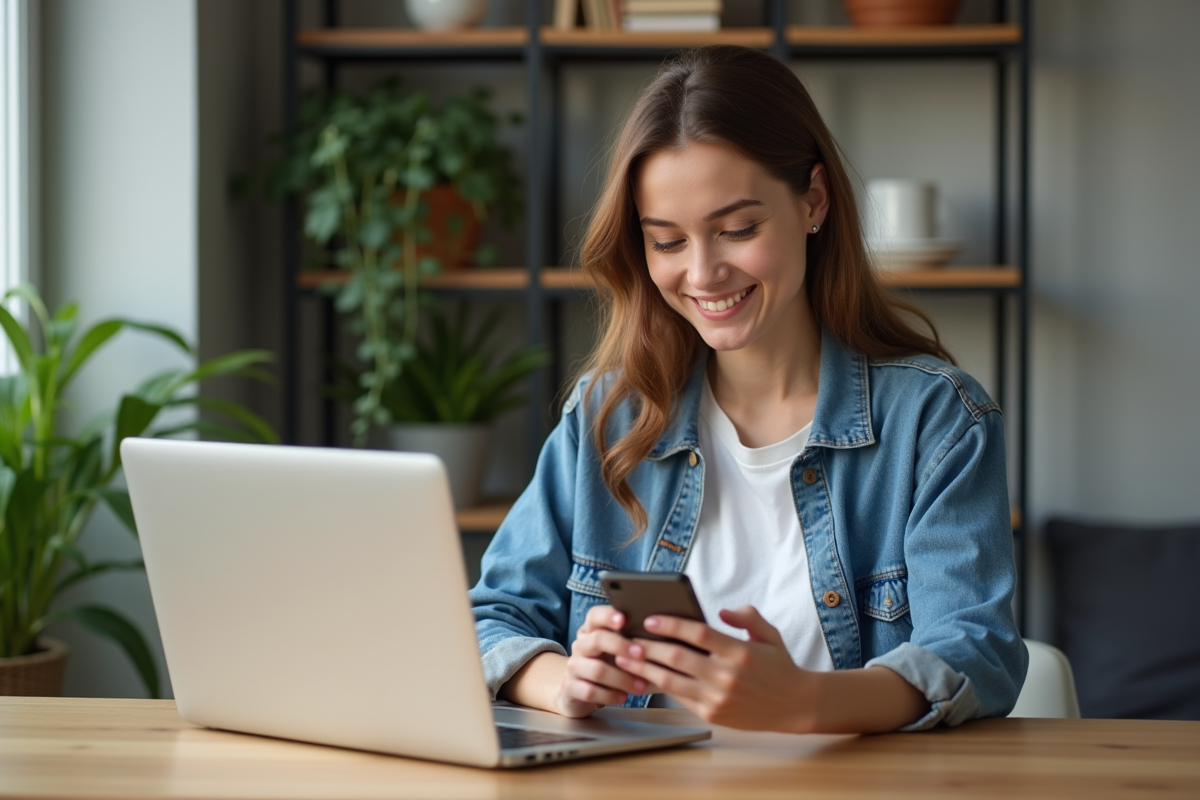 Jeune femme souriante utilisant son smartphone à la maison