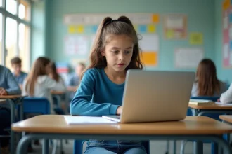 Jeune fille en jeans et pull bleu en classe avec ordinateur