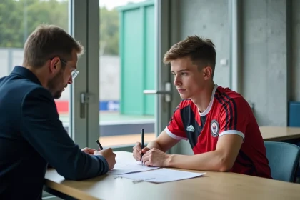 Jeune handballeur en r&eacute;union avec un officiel dans un centre sportif