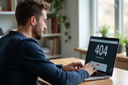 Jeune homme regardant un message 404 sur son ordinateur