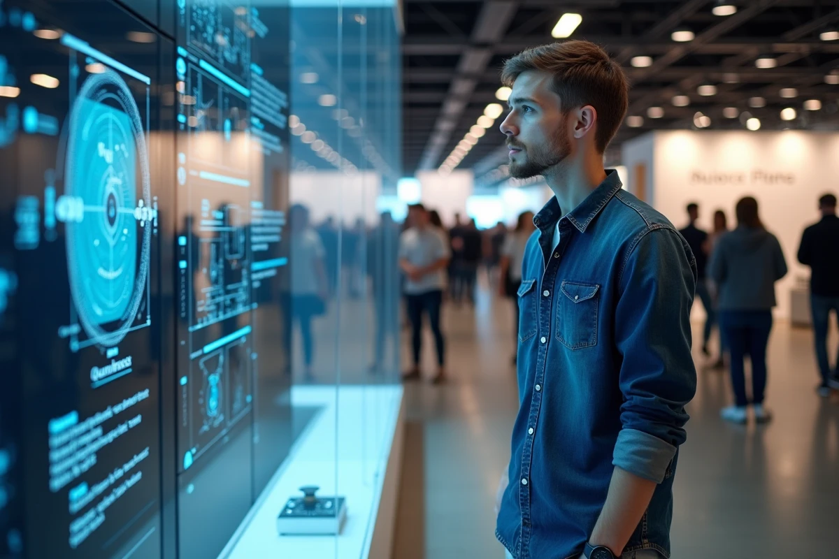 Jeune homme observant un quantum ordinateur lors d
