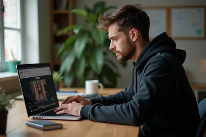 Jeune homme concentr&eacute; utilisant un ordinateur dans un bureau moderne