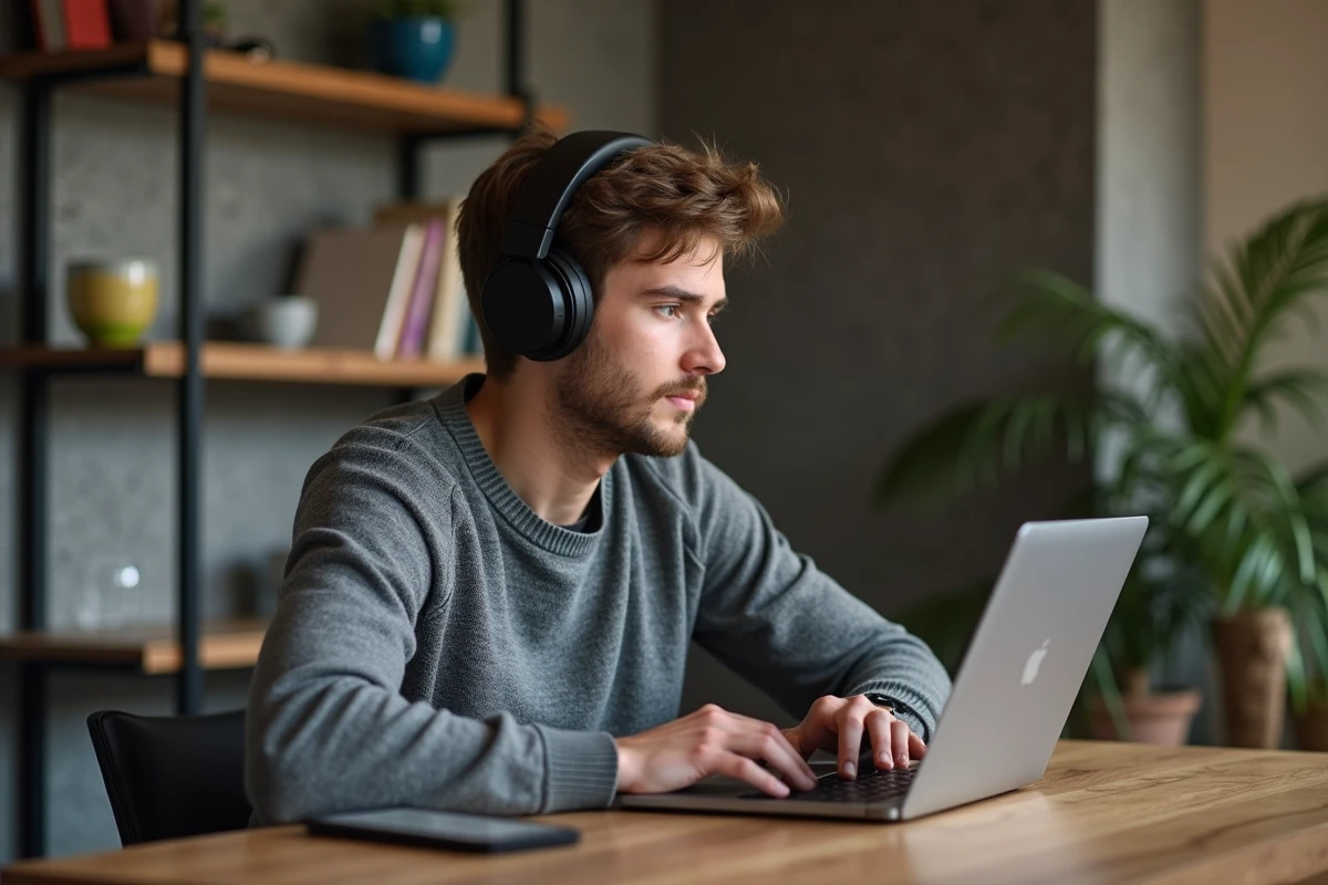 Jeune homme avec casque travaillant sur un ordinateur portable dans un bureau cosy