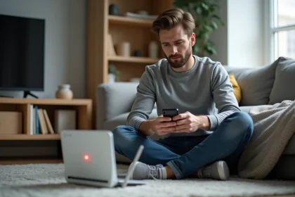 Jeune homme regardant un routeur internet avec message d'erreur