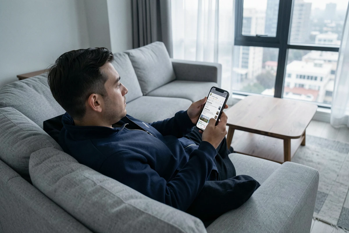 Jeune homme naviguant sur smartphone dans un salon moderne pour accéder à des résultats de recherche sans VPN
