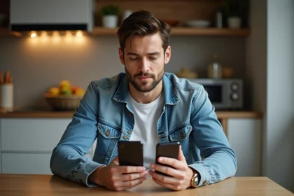 Jeune homme comparant deux smartphones dans une cuisine moderne
