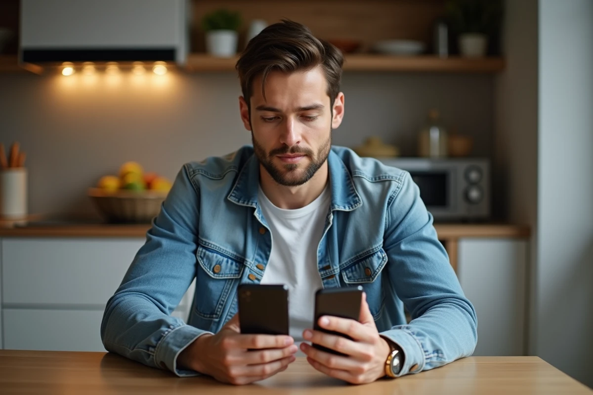 Jeune homme comparant deux smartphones dans une cuisine moderne