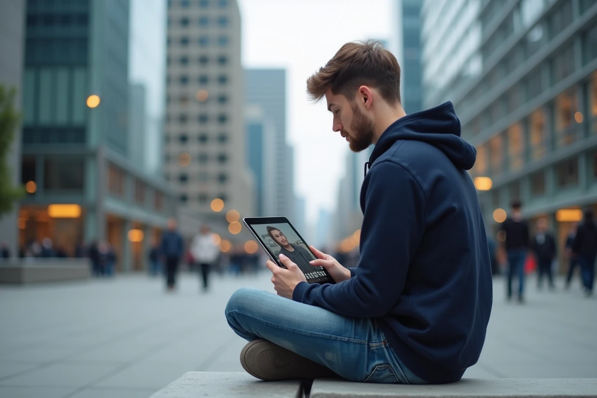Jeune homme en hoodie regardant une video en ville