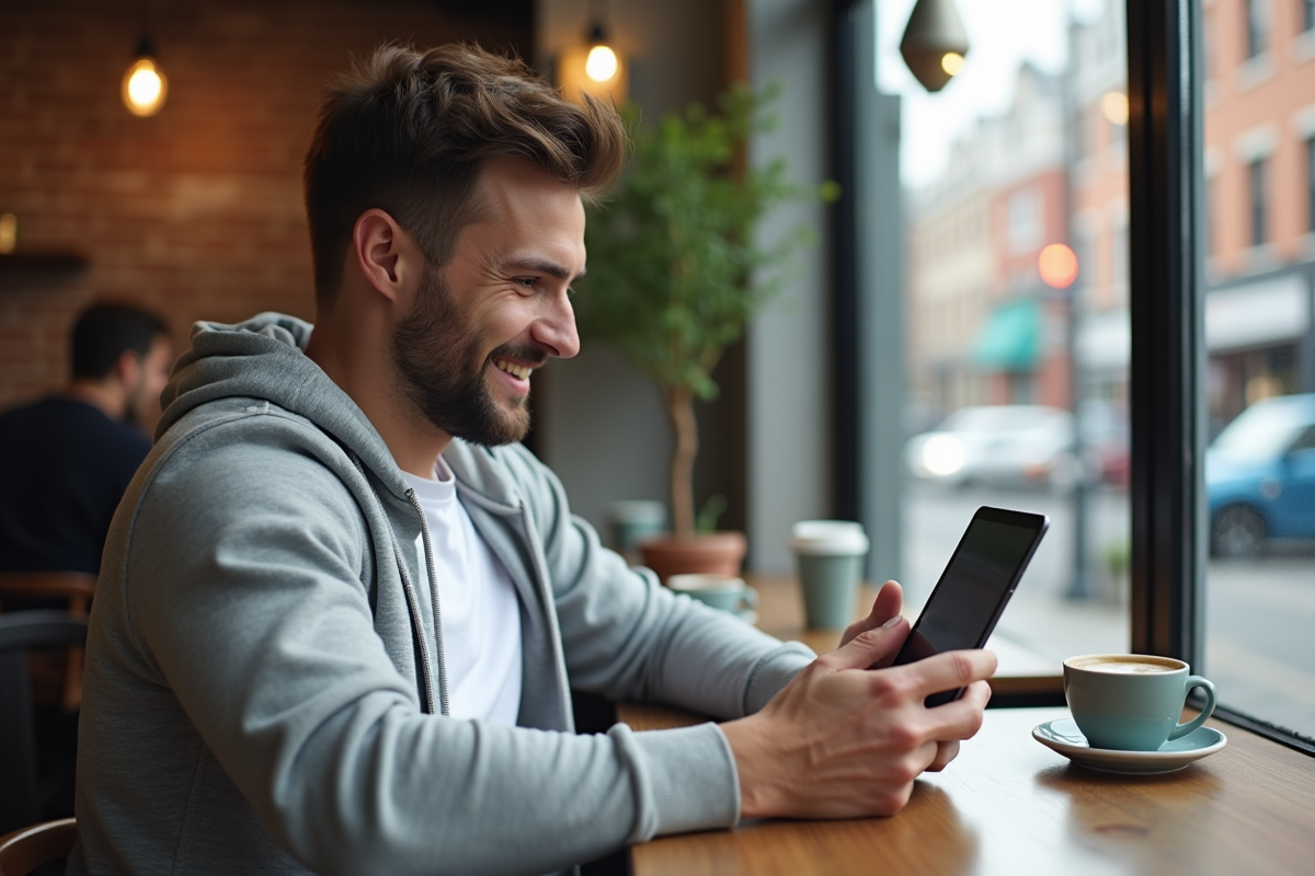 Jeune homme utilisant une tablette dans un café urbain