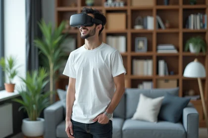 Jeune homme en VR dans un salon moderne