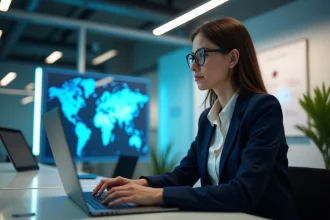 Jeune femme marketing travaillant sur un ordinateur avec visualisation AI