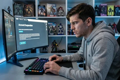 Joueur frustré face à un message de suspension de compte Activision sur son écran de PC