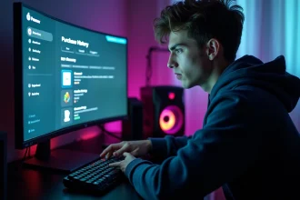 Joueur consultant l'historique d'achat Valorant sur son PC gaming avec une expression perplexe