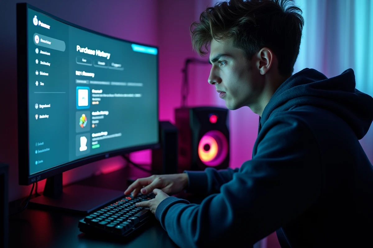 Joueur consultant l'historique d'achat Valorant sur son PC gaming avec une expression perplexe