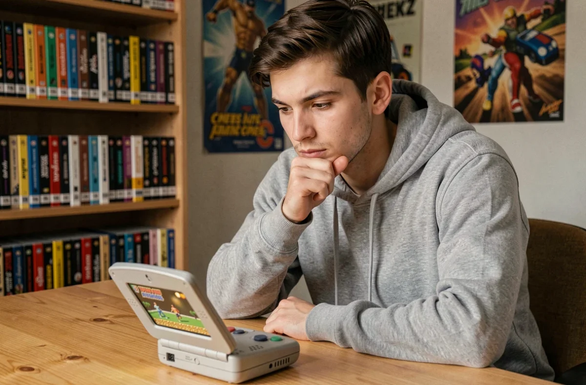 Joueur adulte concentré sur une Game Boy Advance SP avec un jeu Pokémon Émeraude randomizer dans une chambre rétro gaming