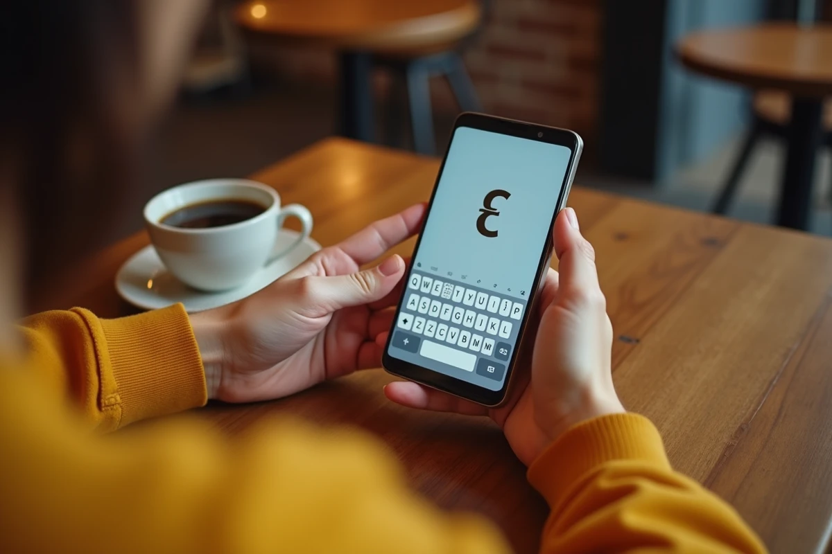 Mains tenant un smartphone affichant le clavier français avec la lettre È majuscule sélectionnée dans un café