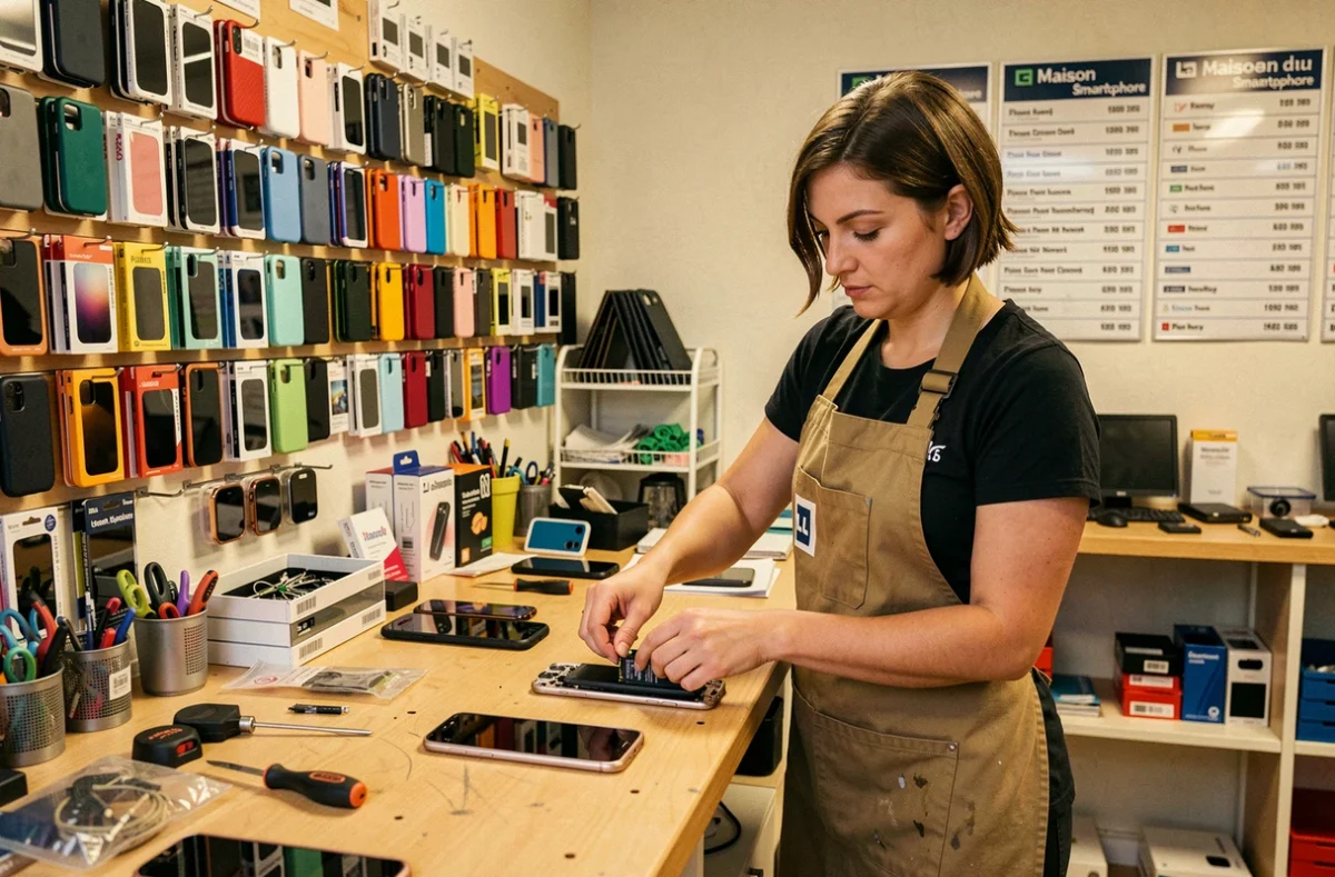 Technicienne de La Maison du Smartphone à Cernay remplaçant la batterie d'un smartphone dans la boutique