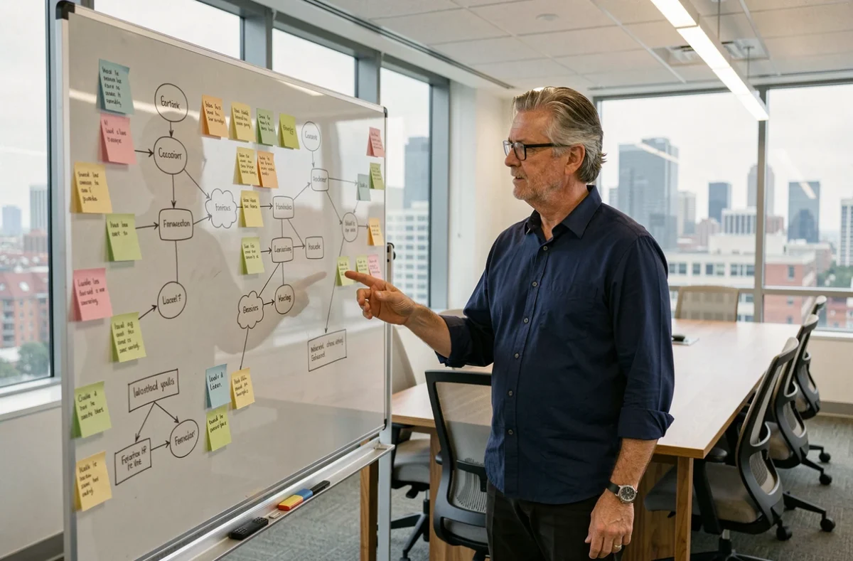 Manager expliquant une cartographie de processus automatisés sur un tableau de verre dans une salle de réunion collaborative