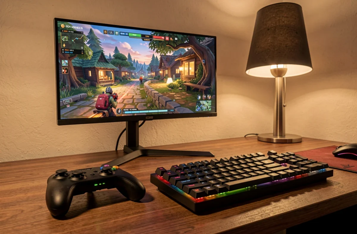 Manette Switch posée près d'un clavier devant un jeu PC